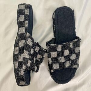 Distressed Dark Denim Checkered Platform Sandal Slides US 10